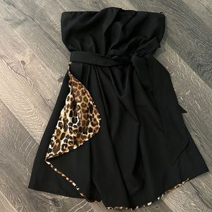 Express Black and Leopard Lined Strapless Wrap Dress